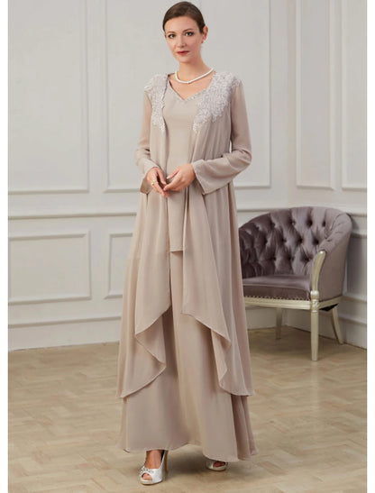 Wholesa  A-Line Mother of the Bride Dress Wedding Guest Elegant Jewel Neck Floor Length Chiffon Long Sleeve Jacket Dresses with Appliques Fall