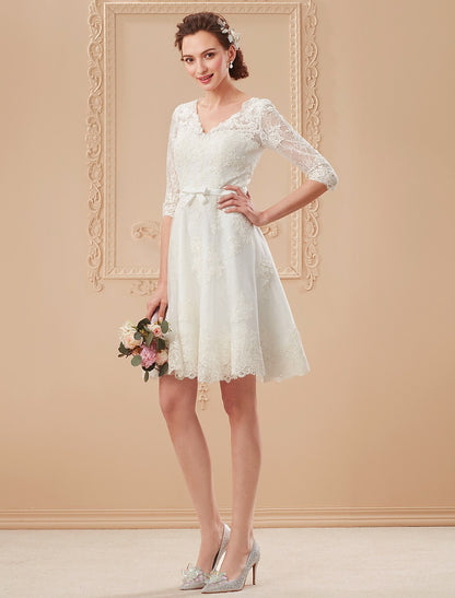 Wholesale Reception Little White Dresses Wedding Dresses A-Line V Neck Half Sleeve Knee Length Lace Bridal Gowns With Bowknot Sash / Ribbon Summer Wedding Party