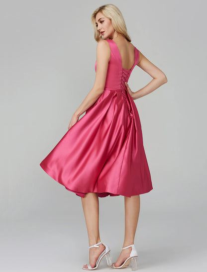 Wholesa  A-Line Elegant Dress Wedding Guest Cocktail Party Knee Length Sleeveless V Wire Pink Dress Satin with Sash / Ribbon