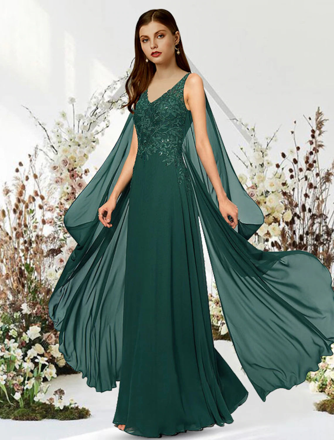 wholesale A-Line Empire Elegant Engagement Formal Evening Dress V Neck Sleeveless Floor Length Chiffon with Sequin Appliques