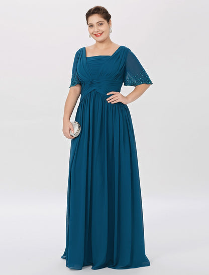 wholesale Ball Gown A-Line Mother of the Bride Dress Formal Classic & Timeless Elegant & Luxurious Plus Size Square Neck Floor Length Chiffon Short Sleeve No with Pleats Beading