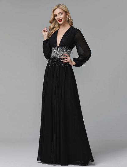 Wholesale A-Line Evening Dress Celebrity Red Carpet Formal Gown Black Tie Wedding Guest Floor Length Long Sleeve V Neck Chiffon with Sequin