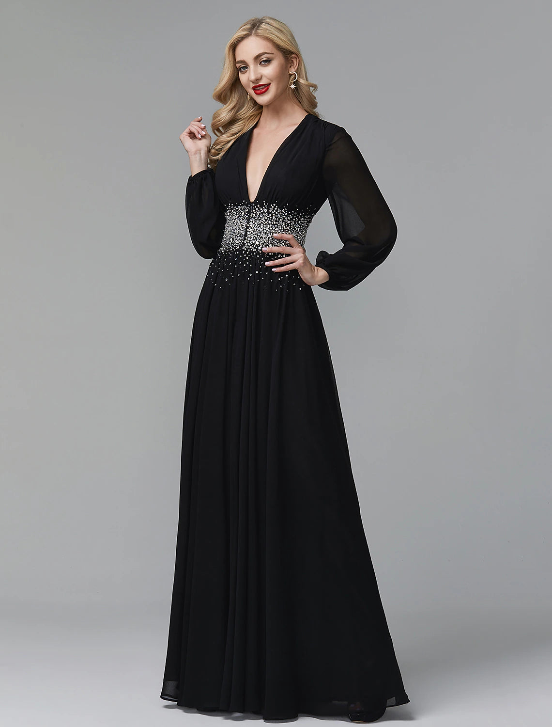 Wholesa A-Line Evening Dress Celebrity Red Carpet Formal Gown Party Dress Black Tie Wedding Guest Floor Length Long Sleeve V Neck Chiffon with Sequin