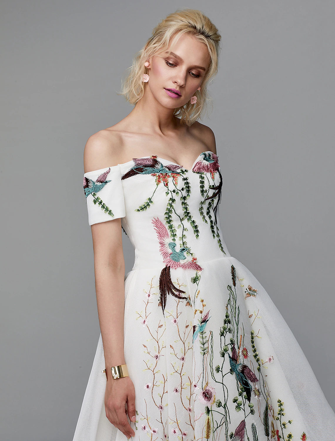 Wholesa  Ball Gown Cute Dress Wedding Guest Cocktail Party Asymmetrical Short Sleeve Off Shoulder Polyester with Embroidery