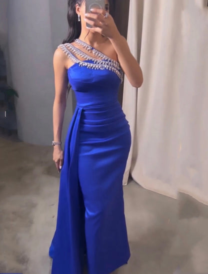 Wholesa Sheath / Column Evening Gown Elegant Dress Formal Wedding Sweep / Brush Train Sleeveless One Shoulder Satin with Crystals