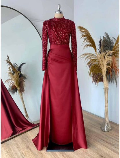 Wholesa  Sheath Formal Dress Evening Gown Christmas Red Green Dress Formal Sweep / Brush Train Long Sleeve Jewel Neck Satin with Pleats Ruched Sequin