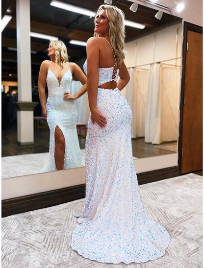 Wholesa Mermaid / Trumpet Prom Dresses Sparkle & Shine Dress Formal Wedding Party Court Train Sleeveless V Neck Sequined Backless with Sequin Slit