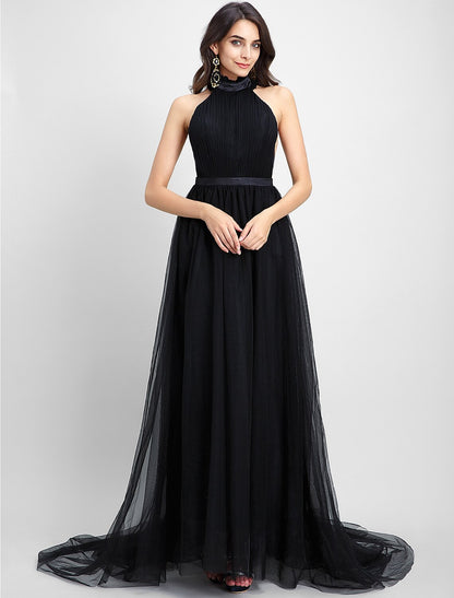 Wholesa A-Line Celebrity Style Dress Formal Evening Chapel Train Sleeveless Halter Neck Tulle with Draping