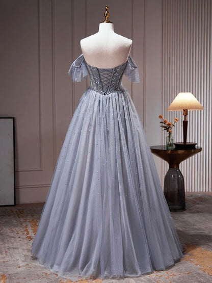 Wholesale Gray Tulle Off Shoulder Beaded Party Dress, A-Line Tulle Formal Dress Prom Dress