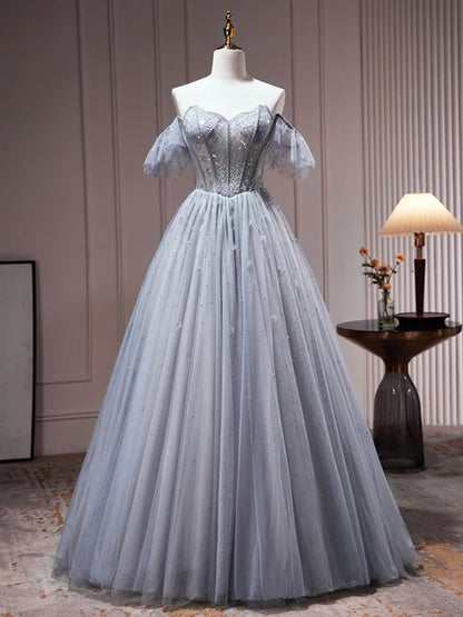 Wholesale Gray Tulle Off Shoulder Beaded Party Dress, A-Line Tulle Formal Dress Prom Dress