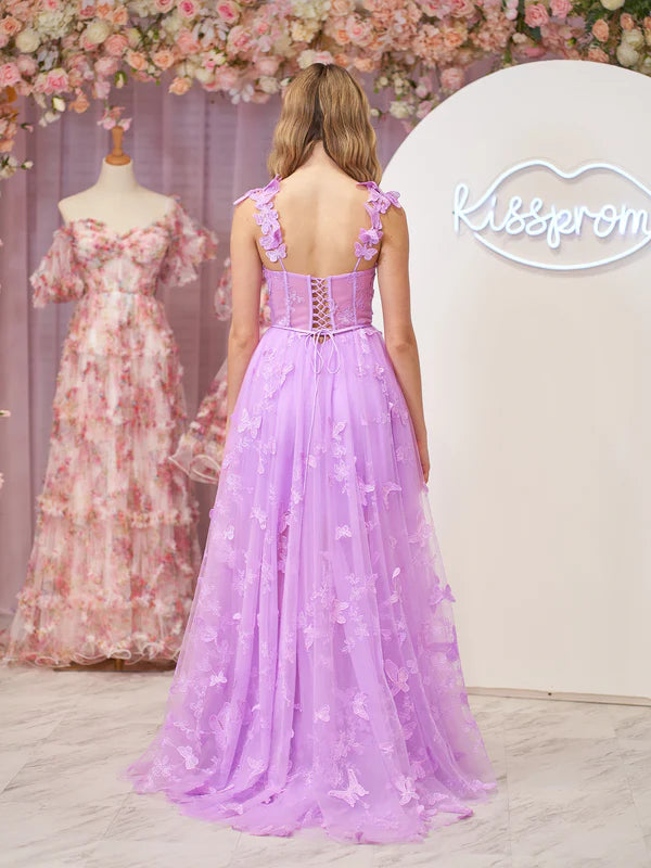 Wholesale Lilac A-line Evening Dress Butterfly Lace Lilac Corset Prom Dress with Slit