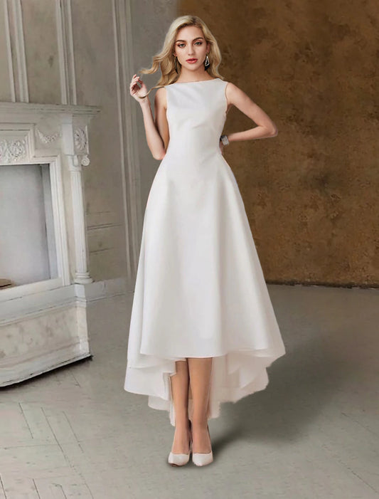 wholesale Hall Little White Dresses Wedding Dresses A-Line Scoop Neck Sleeveless Tea Length Satin Bridal Gowns With Pleats Solid Color