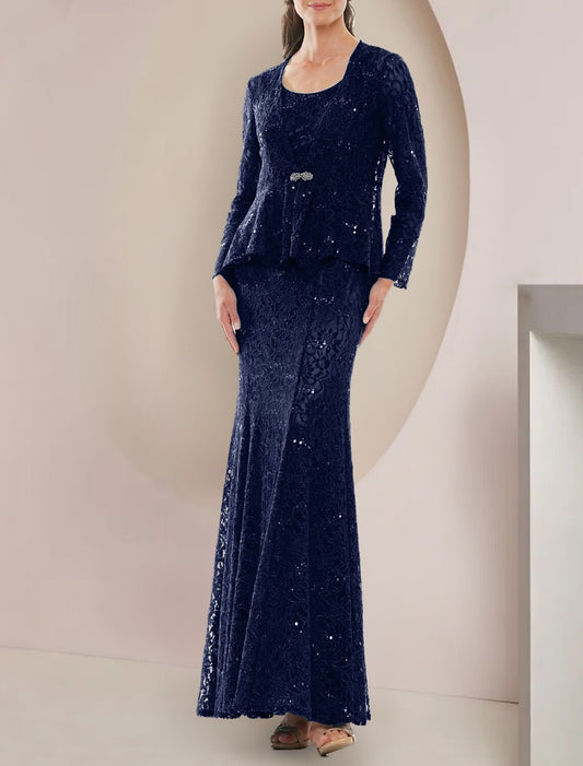 Wholesa Two Piece A-Line Mother of the Bride Dress Formal Wedding Guest Elegant Scoop Neck Floor Length Lace Long Sleeve with Sequin Crystal Brooch