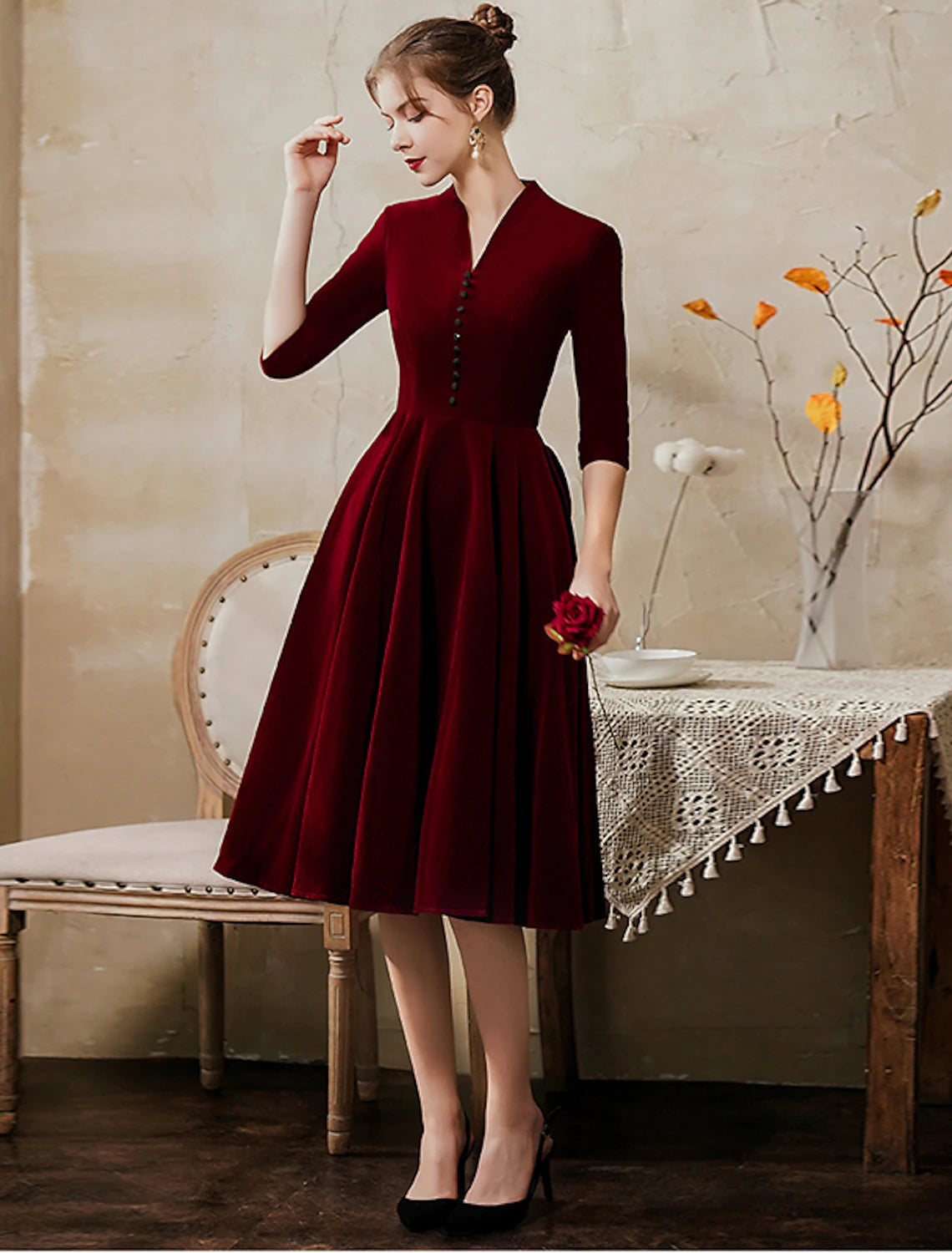 wholesale A-Line Minimalist Vintage Party Wear Cocktail Party Dress V Neck Half Sleeve Tea Length Velvet with Sleek