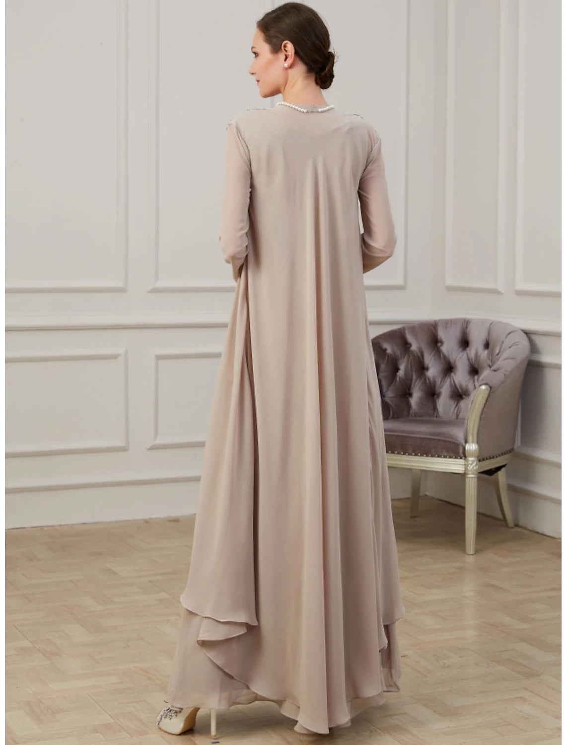 Wholesa  A-Line Mother of the Bride Dress Wedding Guest Elegant Jewel Neck Floor Length Chiffon Long Sleeve Jacket Dresses with Appliques Fall