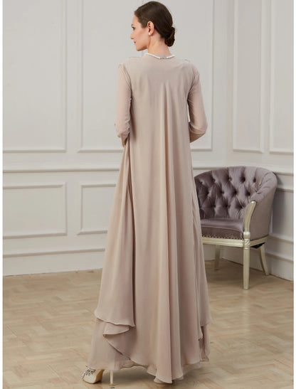 Wholesa  A-Line Mother of the Bride Dress Wedding Guest Elegant Jewel Neck Floor Length Chiffon Long Sleeve Jacket Dresses with Appliques Fall