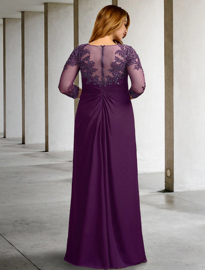 wholesale  Sheath / Column Mother of the Bride Dresses Plus Size Hide Belly Curve Luxurious Dress Formal Floor Length Half Sleeve Jewel Neck Chiffon with Ruched Beading Appliques