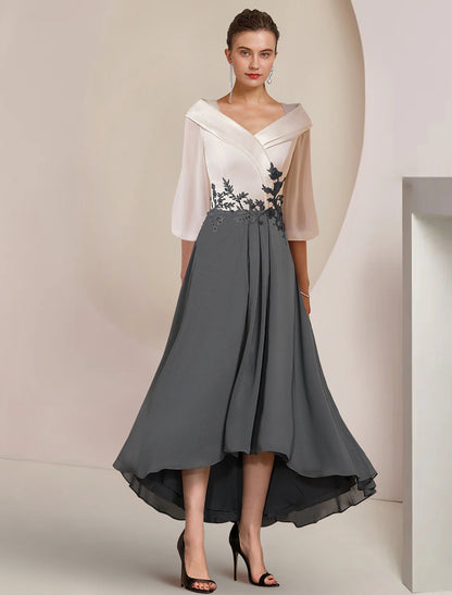 Wholesa A-Line Mother of the Bride Dress Formal Wedding Guest Elegant High Low V Neck Asymmetrical Tea Length Chiffon Lace 3/4 Length Sleeve with Pleats Appliques Color Block