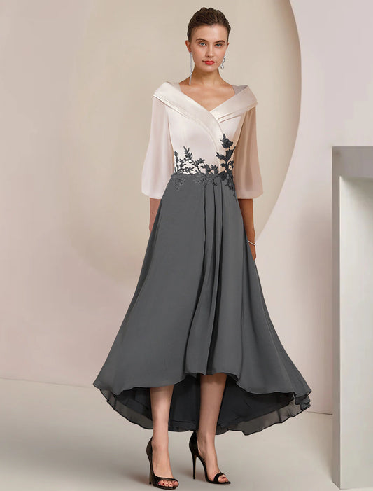 Wholesa A-Line Mother of the Bride Dress Formal Wedding Guest Elegant High Low V Neck Asymmetrical Tea Length Chiffon Lace 3/4 Length Sleeve with Pleats Appliques Color Block