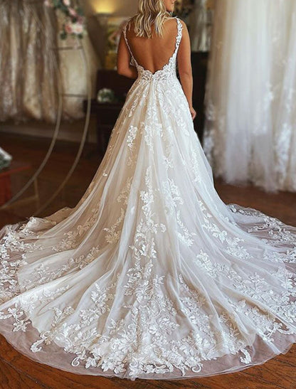 Wholesa Engagement Formal Wedding Dresses A-Line V Neck Sleeveless Chapel Train Lace Bridal Gowns With Appliques