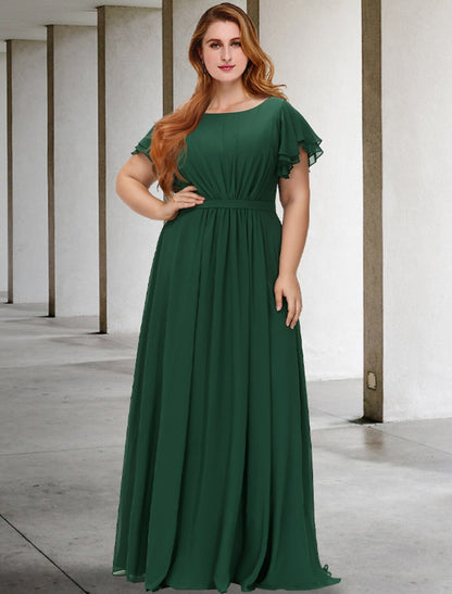 Wholesa A-Line Mother of the Bride Dresses Plus Size Hide Belly Curve Elegant Dress Formal Floor Length Short Sleeve Jewel Neck Chiffon with Pleats