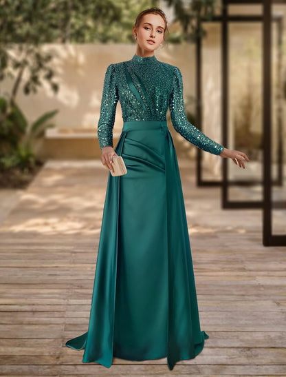 Wholesa  Sheath Formal Dress Evening Gown Christmas Red Green Dress Formal Sweep / Brush Train Long Sleeve Jewel Neck Satin with Pleats Ruched Sequin