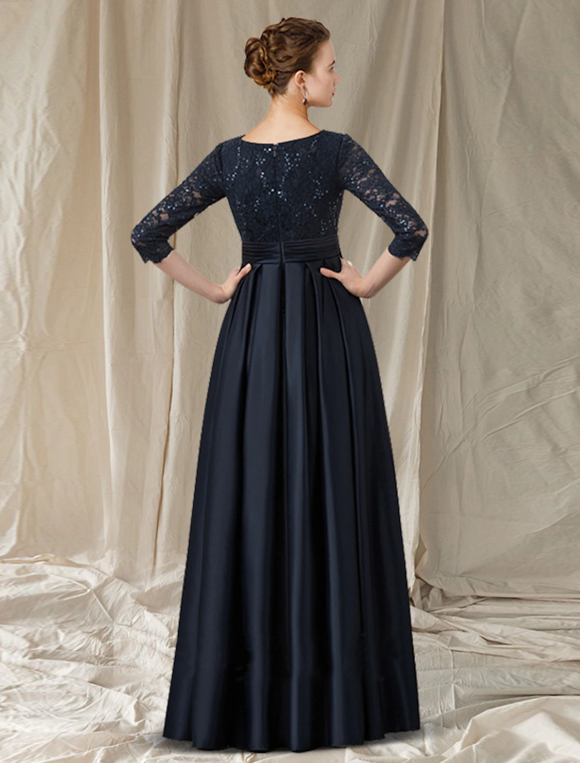 Wholesa A-Line Cut Out Elegant Engagement Formal Evening Dress V Neck Long Sleeve Floor Length Lace with Bow(s) Pocket