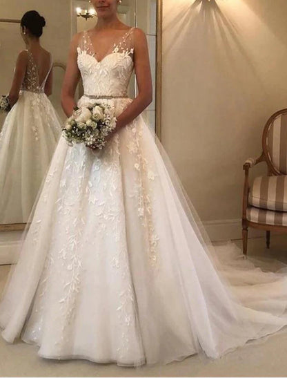 Wholesa Open Back Formal Wedding Dresses A-Line V Neck Sleeveless Court Train Lace Bridal Gowns With Sash / Ribbon Appliques