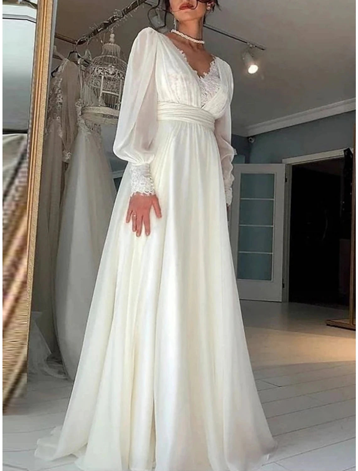 Wholesa Formal Wedding Dresses A-Line V Neck Long Sleeve Sweep / Brush Train Chiffon Bridal Gowns With Pleats Solid Color