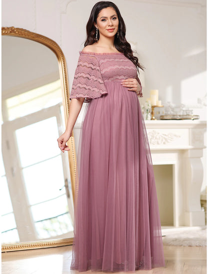 Wholesa A-Line Mother of the Bride Dress Maternity Elegant Off Shoulder Floor Length Lace Tulle Sleeveless with Tier