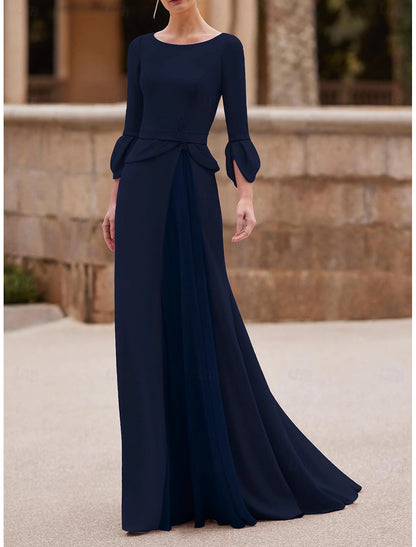 Wholesale Mermaid / Trumpet Mother of the Bride Dress Wedding Guest Elegant Jewel Neck Floor Length Chiffon Crepe 3/4 Length Sleeve with Crystal Brooch