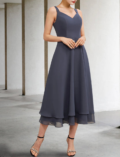 Wholesa  A-Line Mother of the Bride Dress Elegant V Neck Tea Length Chiffon Lace Sleeveless Jacket Dresses with Tier Solid Color