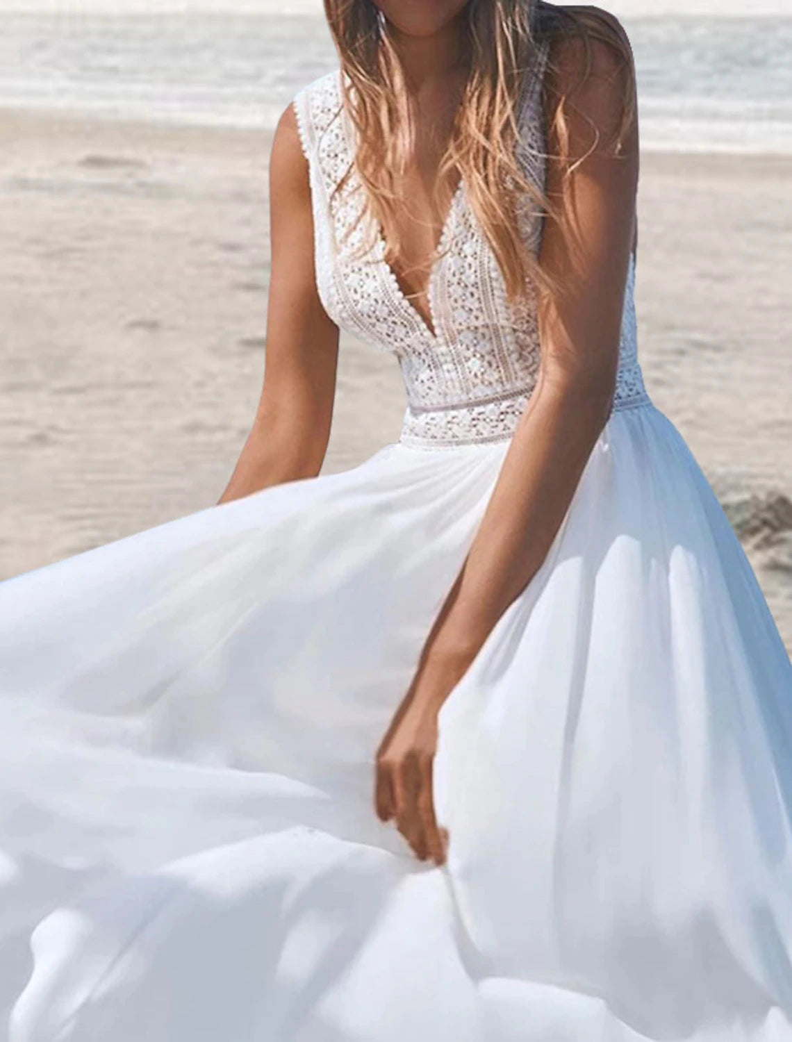 Wholesa Beach Open Back Boho Wedding Dresses A-Line V Neck Sleeveless Floor Length Chiffon Bridal Gowns With