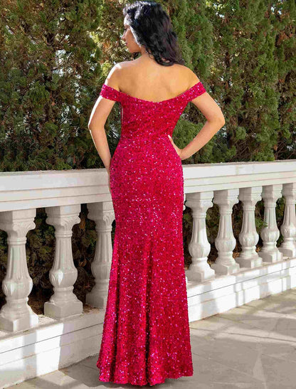 Wholesa Mermaid / Trumpet Prom Dresses Sexy Dress Wedding Guest Floor Length Short Sleeve Off Shoulder Sequined with Ruched Sequin Slit