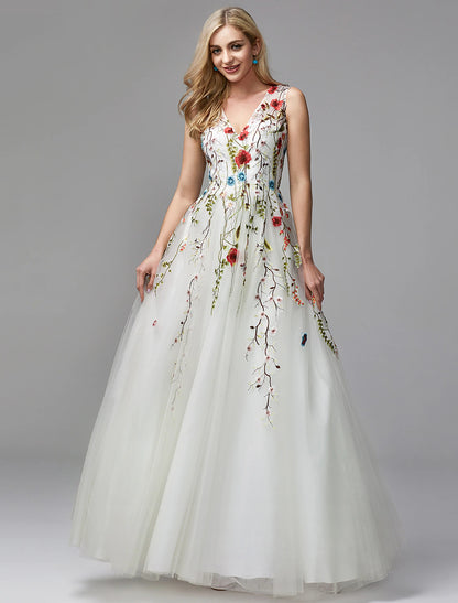 Wholesale A-Line Special Occasion Dresses White Dress Homecoming Floor Length Sleeveless V Neck Lace with Embroidery Appliques