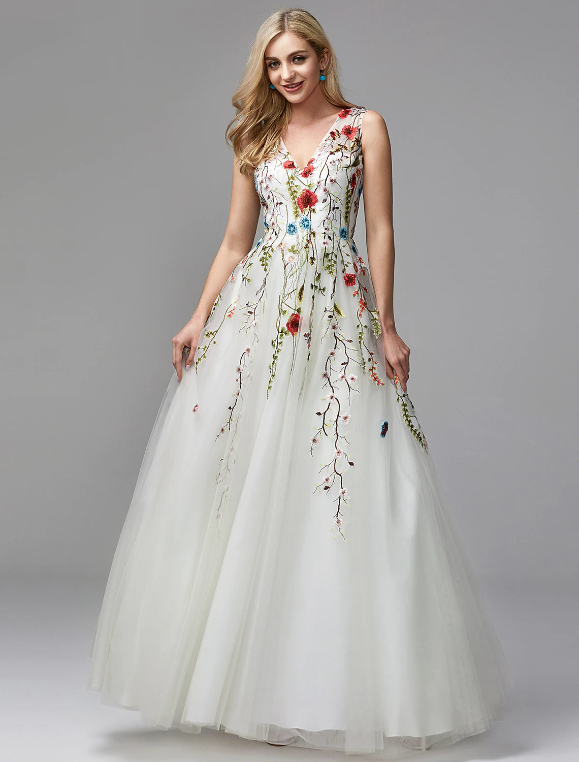 Wholesa  A-Line Special Occasion Dresses Floral Dress Valentine's Day Wedding Guest Floor Length Sleeveless V Neck Lace with Embroidery Appliques