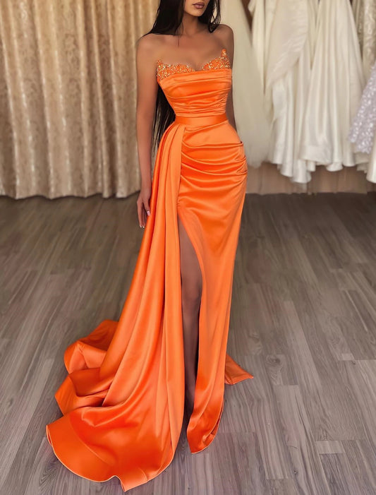 Aimishang Mermaid Ruched Evening Gown Satin Dress Cocktail Party Prom Court Train Sleeveless Strapless Bridesmaid Dress with Beading Sequin