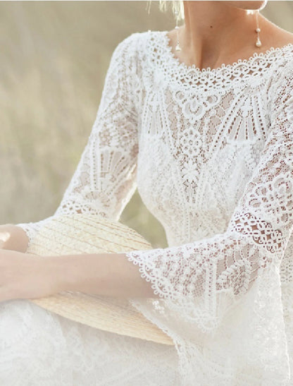 Wholesale Beach Boho Wedding Dresses A-Line Scoop Neck Long Sleeve Sweep / Brush Train Lace With Lace Summer Wedding Party