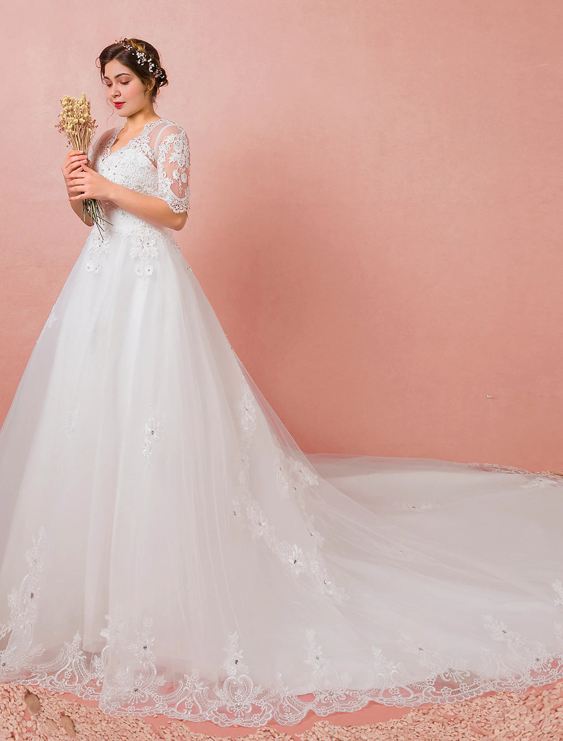 Wholesale Hall Wedding Dresses A-Line V Neck Half Sleeve Cathedral Train Satin Bridal Gowns With Lace Crystals Summer Wedding Party