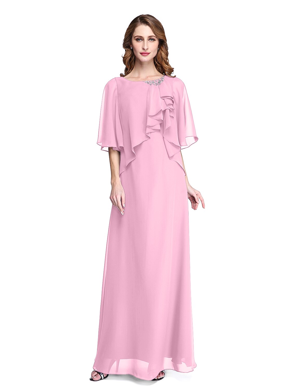 wholesale Sheath / Column Mother of the Bride Dress Elegant Open Back Jewel Neck Floor Length Chiffon Half Sleeve with Pleats Beading Ruffle