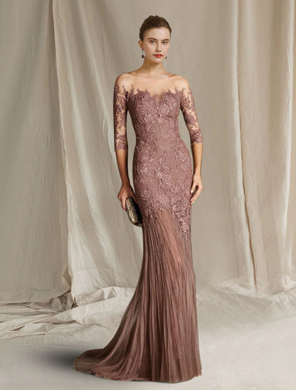 Wholesa  Mermaid / Trumpet Mother of the Bride Dress Formal Wedding Guest Elegant Scoop Neck Sweep / Brush Train Lace Tulle Half Sleeve with Appliques