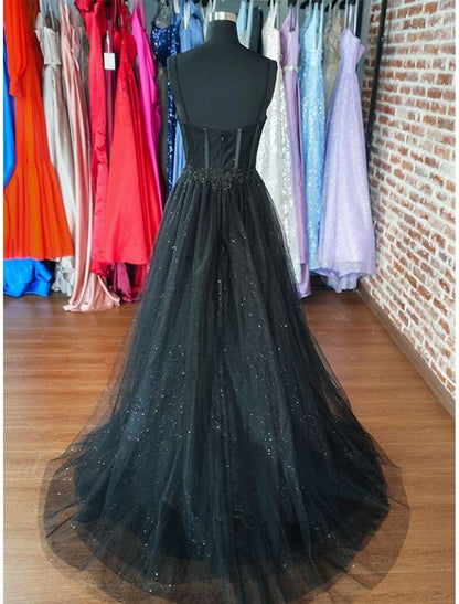 wholesale  A-Line Prom Dresses Glitter Black Wedding Dresses Formal Gothic Dress Floor Length Sleeveless Sweetheart Spaghetti Tulle with Slit