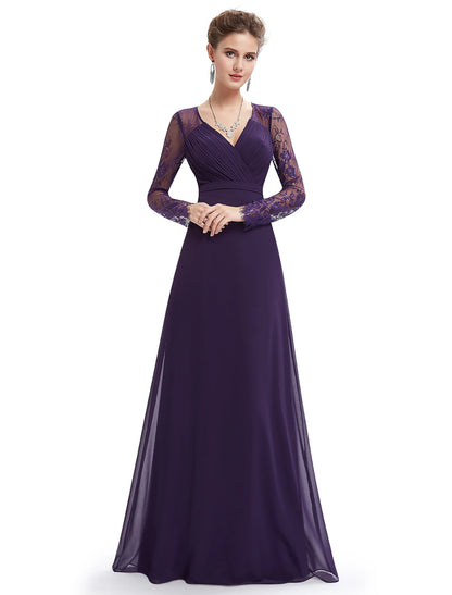 Wholesa A-Line Evening Gown Elegant Dress Wedding Guest Formal Evening Floor Length Long Sleeve V Neck Chiffon with Sash / Ribbon Ruched Lace Insert