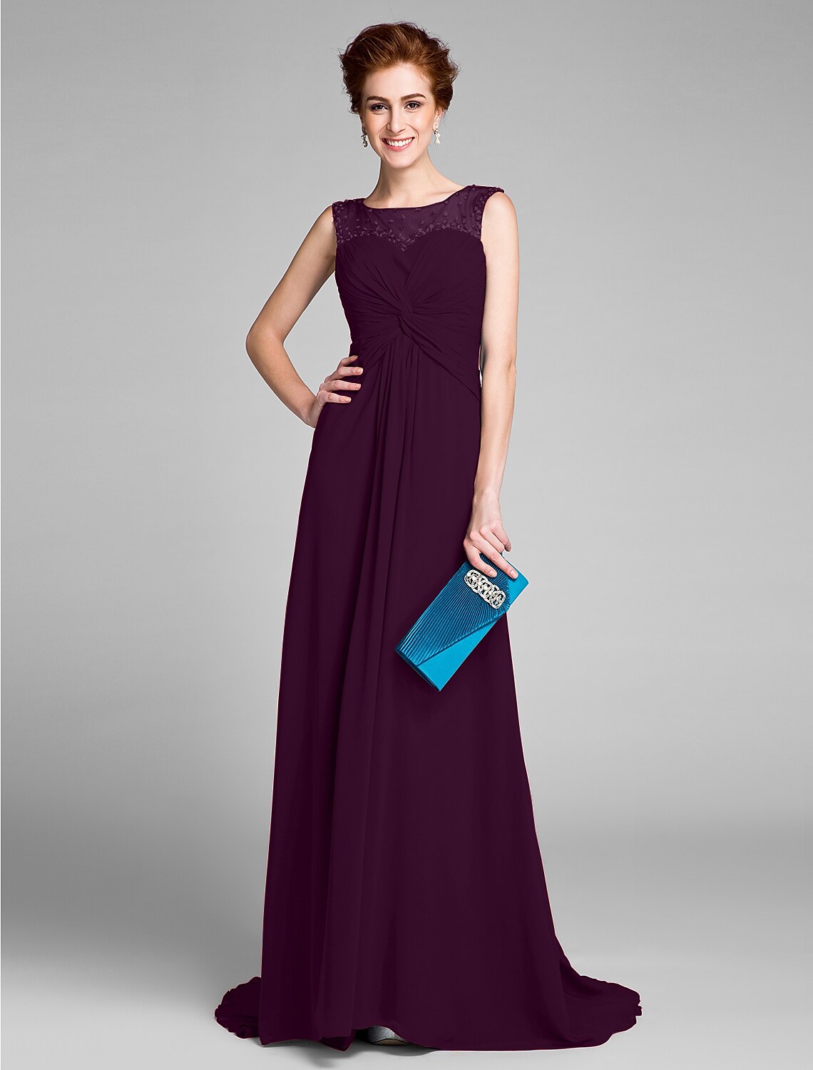 wholesale Sheath / Column Scoop Neck Sweep / Brush Train Chiffon Mother of the Bride Dress with Beading