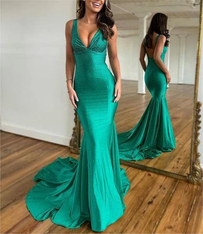 Aimishang Mermaid Evening Dress Deep V-Neck Beaded Satin Long Prom Dress