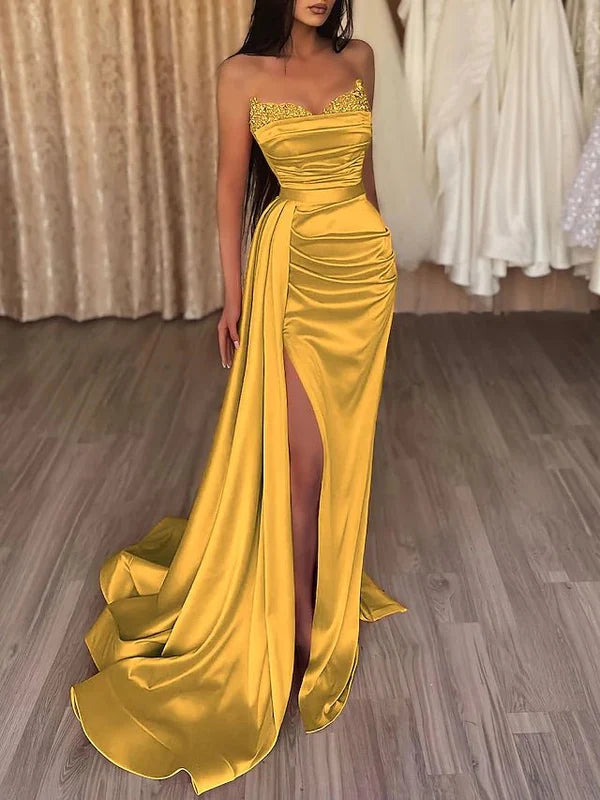 Sasha | Mermaid Evening Gown Sexy Dress Prom Court Train Sleeveless Strapless Satin with Slit Pure Color