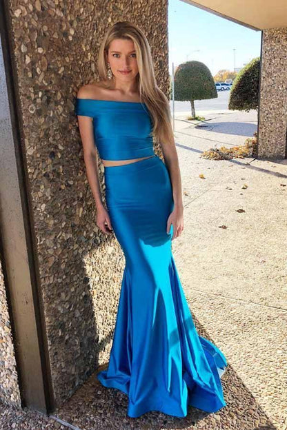 Wholesale Prom Dresses Two Piece Mermaid Sleeveless Off-The-Shoulder Sweep/Brush