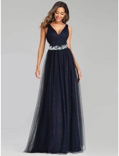 Wholesa A-Line Prom Dresses Empire Dress Wedding Guest Prom Floor Length Sleeveless V Neck Tulle with Sequin Appliques