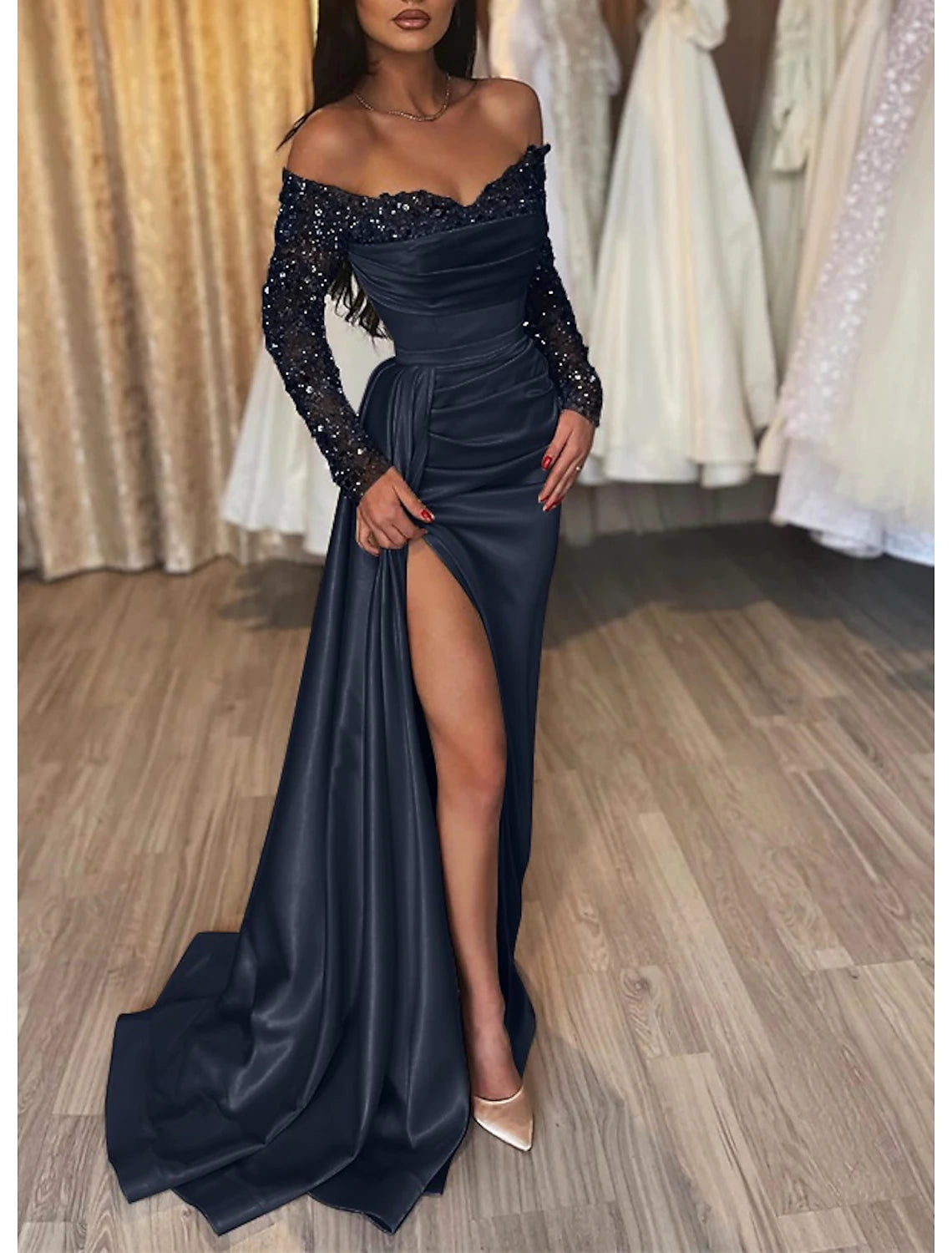 Wholesa Mermaid Black Dress Evening Gown Sparkle & Shine Dress Formal Wedding Party Court Train Long Sleeve Off Shoulder Fall Wedding Reception Satin with Ruched Sequin Slit