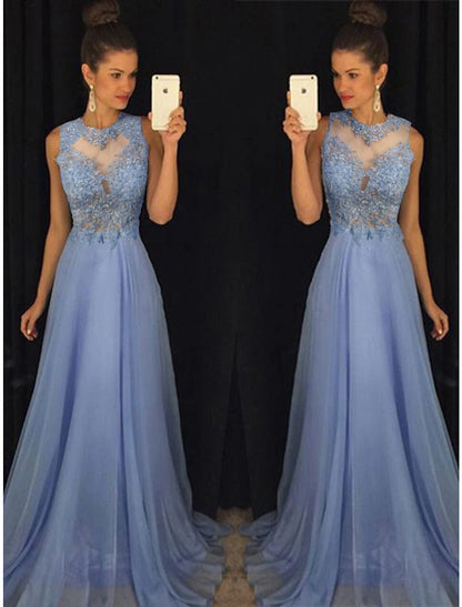 Wholesa A-Line Empire Prom Formal Evening Dress Jewel Neck Sleeveless Sweep / Brush Train Chiffon with Beading Appliques